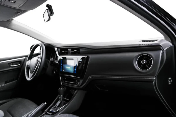 Moderní Luxusní Auto Uvnitř Interiér Vozu Prestiž Pohodlné Kožené Sedačky — Stock fotografie