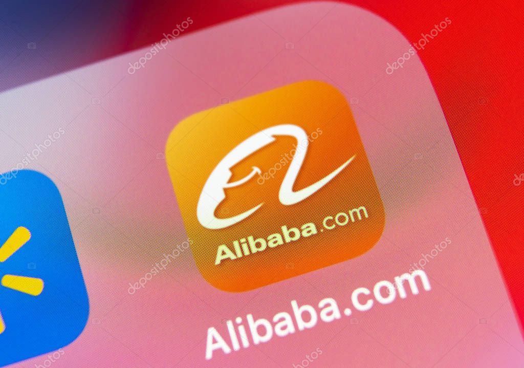 Sankt-Petersburg, Russia, November 5, 2018: Alibaba application icon on Apple iPhone X smartphone screen close-up. Alibaba app icon. Alibaba.com is popular e-commerce application. Social media icon