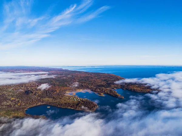 Aerial View Forest Vibrant Autumn Colors Aerial View Seashore Clouds — Stock Photo, Image