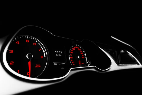 Close Shot Speedometer Car Car Dashboard Dashboard Details Indication Lamps — Stock Photo, Image