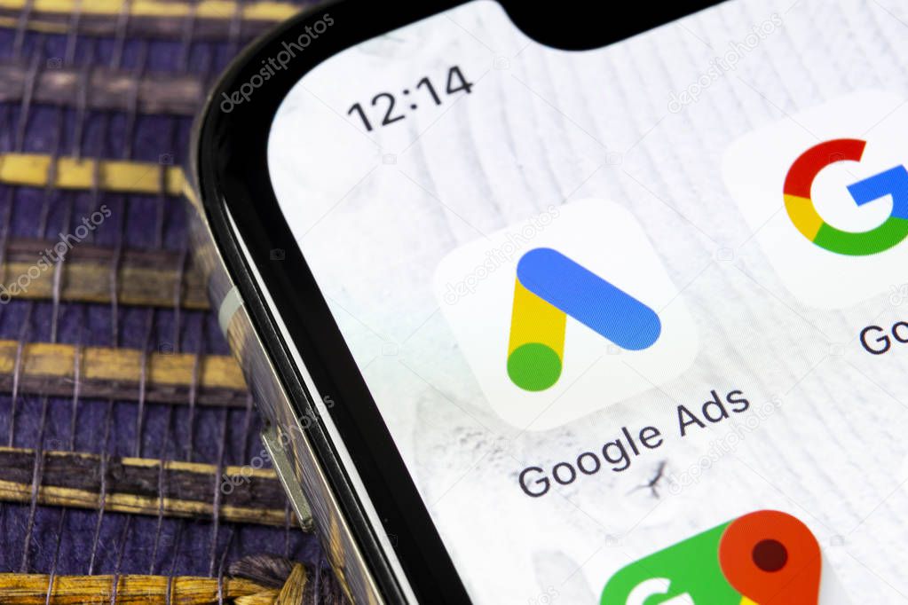 Sankt-Petersburg, Russia, December 5, 2018: Google Ads AdWords application icon on Apple iPhone X screen close-up. Google Ad Words icon. Google ads Adwords application. Social media network