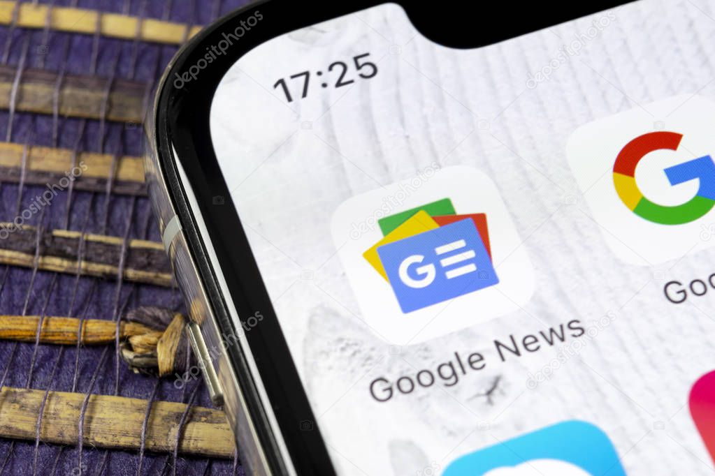 Sankt-Petersburg, Russia, December 5, 2018: Google News application icon on Apple iPhone X smartphone screen close-up. Google news app icon. Social network. Social media icon