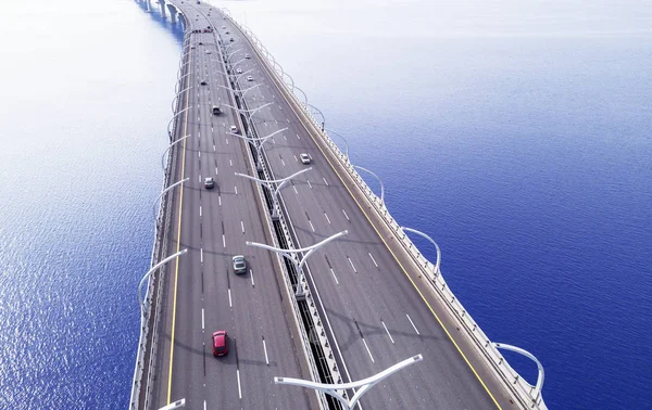 Aerial View Highway Ocean Cars Crossing Bridge Interchange Overpass Highway — Stock Photo, Image