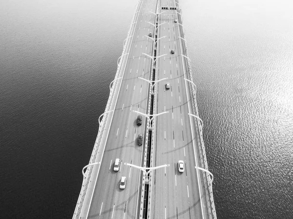 Aerial View Highway Ocean Cars Crossing Bridge Interchange Overpass Highway — Stock Photo, Image