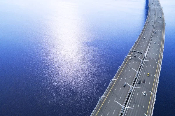 Aerial View Highway Ocean Cars Crossing Bridge Interchange Overpass Highway — Stock Photo, Image