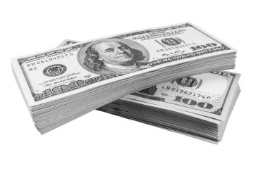 Beyaz arka planda izole edilmiş 100 dolarlık banknotlar yığını. 100 dolarlık banknotlar halinde yığınla nakit para. Yüz dolarlık banknotlar yığını. Finansal başarı kavramı.