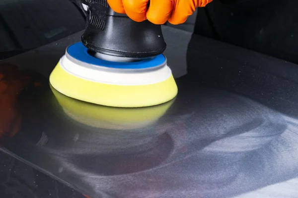 Car Polish Wax Worker Hands Applying Protective Tape Polishing Buffing — Stock Photo, Image