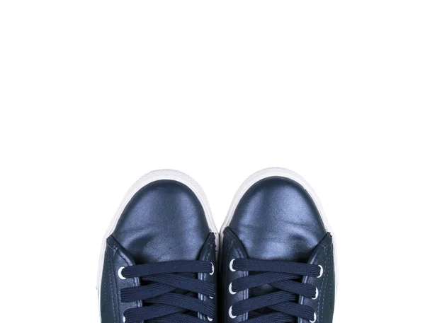 Vue Aérienne Des Chaussures Sport Bleues Isolées Sur Fond Blanc — Photo