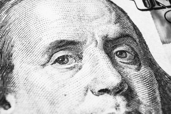 Close Portret Van Benjamin Franklin Honderd Dollar Bill Achtergrond Van — Stockfoto