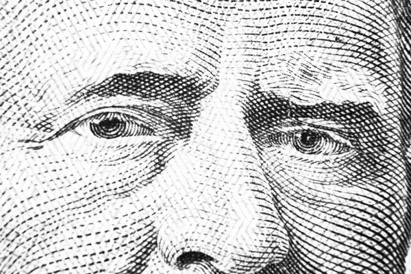 Close up view Portrait of Ulysses S. Grant on the one fifty dollar bill. Background of the money. 50 dollar bill with Ulysses S. Grant eyes macro shot. Money background. Face portrait. Black and white