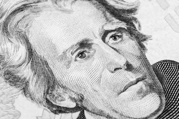 Zamknij Nawet Zobacz Portret Andrew Jackson Jednej Dwadzieścia Dolara Tle — Zdjęcie stockowe