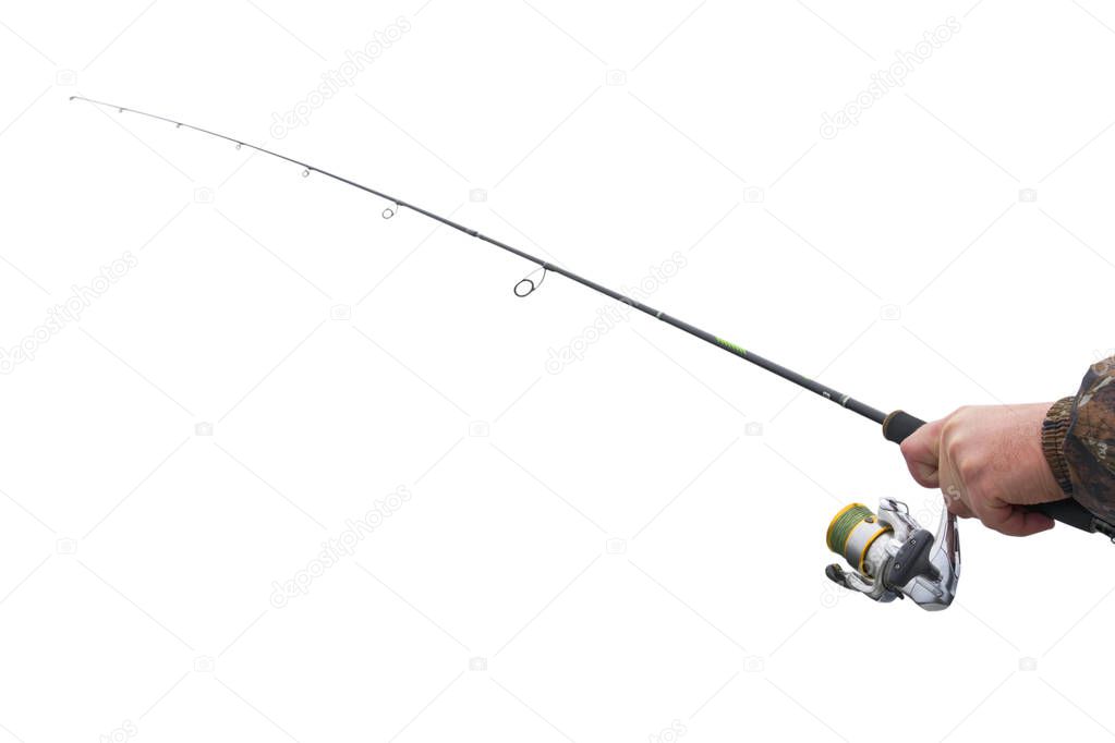 Hands of a fisherman with a spinning rod with the line and spinning reel isolated on white background