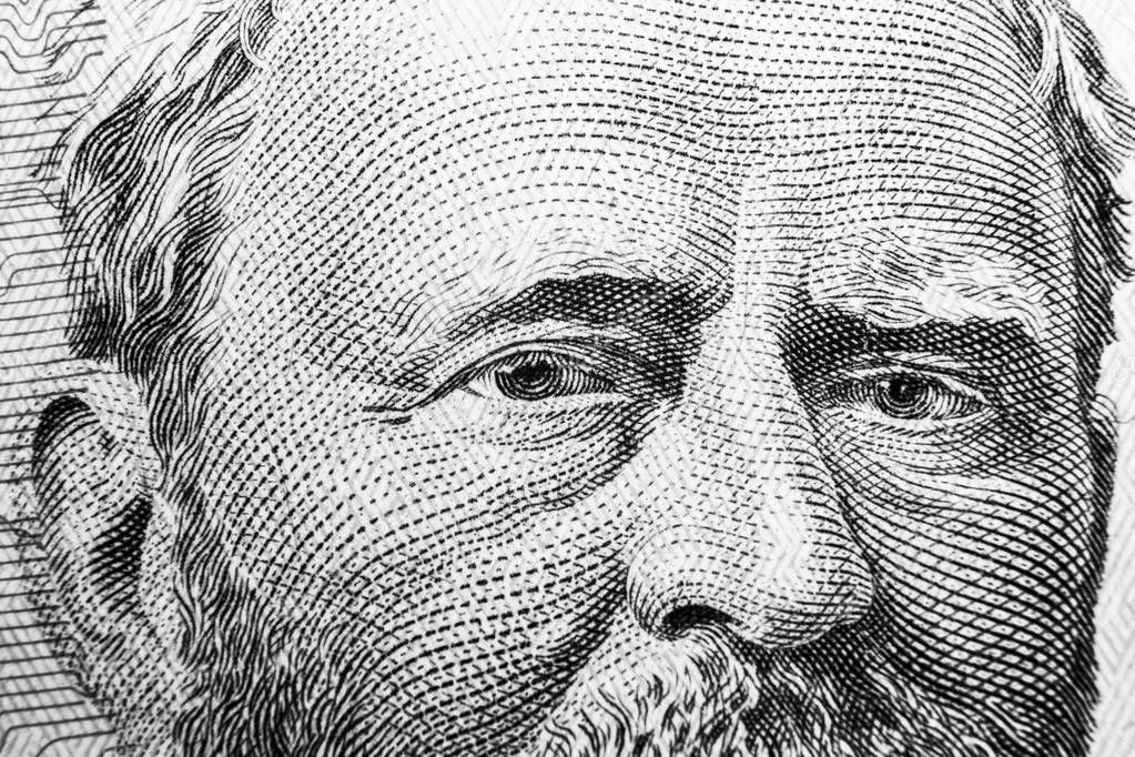 Close up view Portrait of Ulysses S. Grant on the one fifty dollar bill. Background of the money. 50 dollar bill with Ulysses S. Grant eyes macro shot. Money background. Face portrait. Black and white