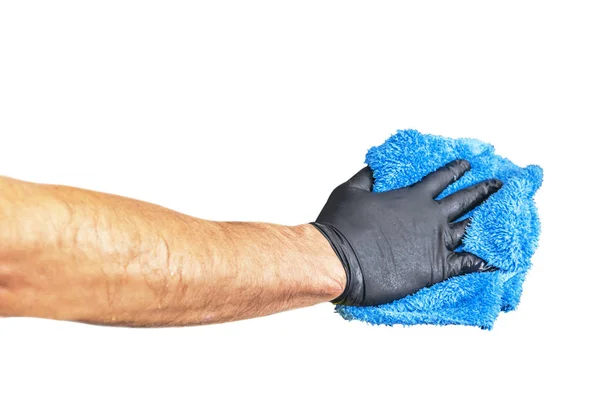 清洗的概念 男性手与布料查出在白色背景 工人的清洁 泡沫和刷子清洗 清洁理念 手在黑色保护橡胶手套 — 图库照片
