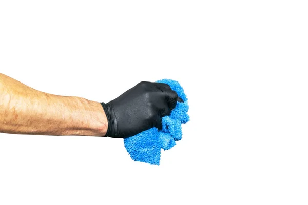 清洗的概念 男性手与布料查出在白色背景 工人的清洁 泡沫和刷子清洗 清洁理念 手在黑色保护橡胶手套 — 图库照片
