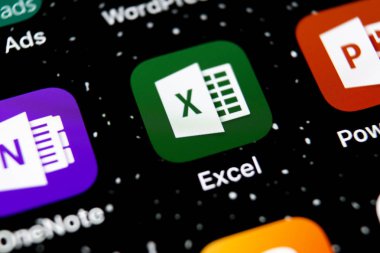Sankt-Petersburg, Rusya, 3 Şubat 2019: Microsoft Excel uygulama simgesi üzerinde Apple iphone X ekran yakın çekim. Microsoft office Excel app simgesi. Microsoft office üstünde hareket eden telefon. Sosyal medya