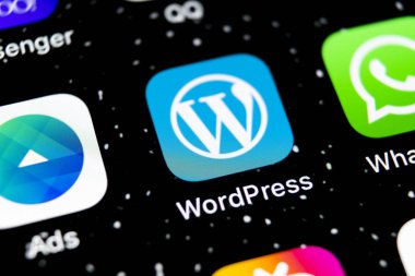 Sankt-Petersburg, Rusya, 3 Şubat 2019: Wordpress uygulama simgesi üzerinde Apple iphone X ekran yakın çekim. WordPress app simgesi. WordPress.com uygulama. Sosyal ağ