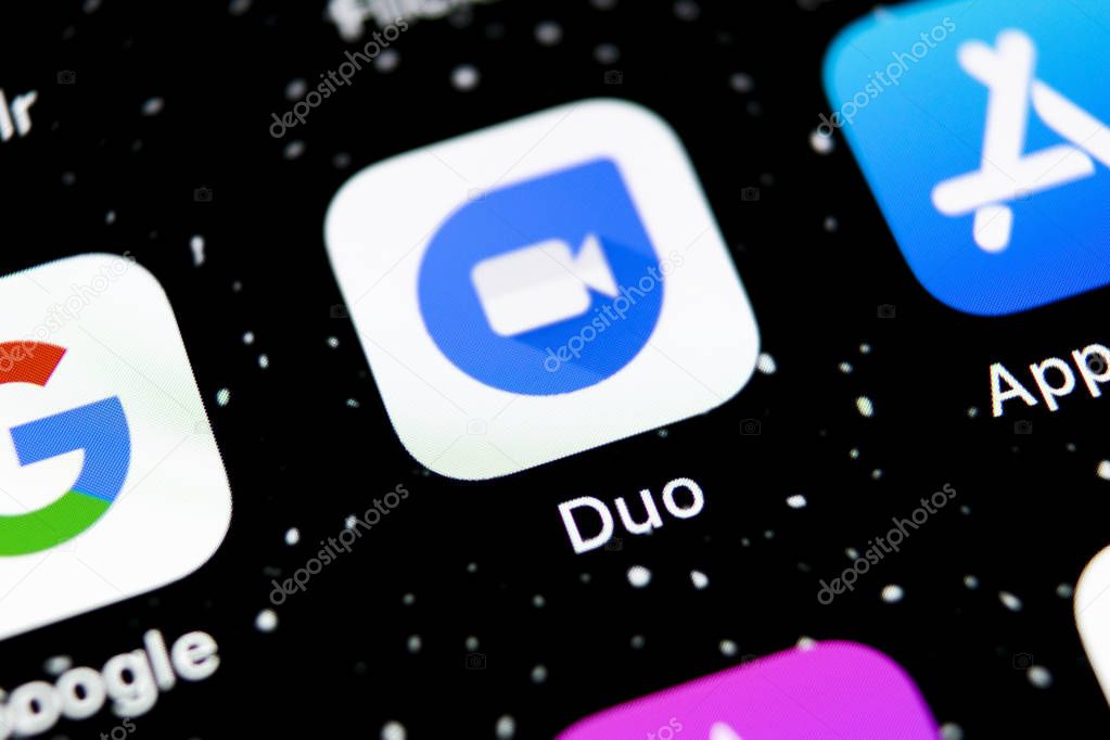 Sankt-Petersburg, Russia, February 3, 2019: Google Duo application icon on Apple iPhone X smartphone screen close-up. Google duo app icon. Social network. Social media icon