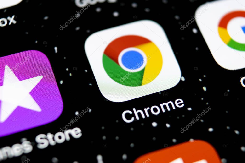 Sankt-Petersburg, Russia, February 3, 2019: Google Chrome application icon on Apple iPhone X screen close-up. Google Chrome app icon. Google Chrome application. Social media network