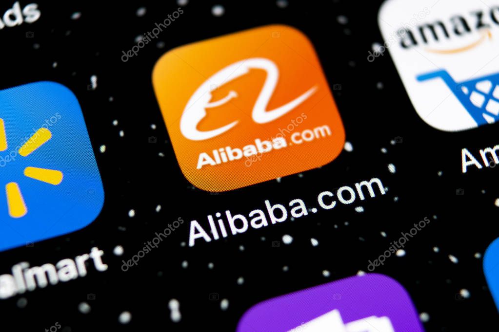 Sankt-Petersburg, Russia, February 3, 2019: Alibaba application icon on Apple iPhone X smartphone screen close-up. Alibaba app icon. Alibaba.com is popular e-commerce application. Social media icon