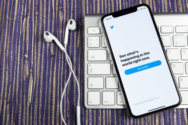 Sankt-Petersburg, Rusya, 10 Şubat 2019: Twitter uygulama simgesi üzerinde Apple iphone X smartphone ekran yakın çekim. Twitter app simgesi. Sosyal medya simge. Sosyal ağ