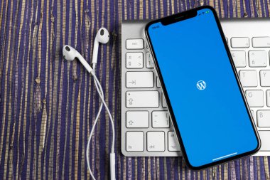 Sankt-Petersburg, Rusya, 10 Şubat 2019: Wordpress uygulama simgesi üzerinde Apple iphone X ekran yakın çekim. WordPress app simgesi. WordPress.com uygulama. Sosyal ağ