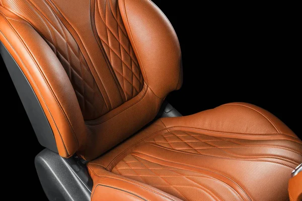 Brązowe Skórzane Wnętrze Luksus Nowoczesny Samochód Perforowana Skóra Orange Wygodne — Zdjęcie stockowe
