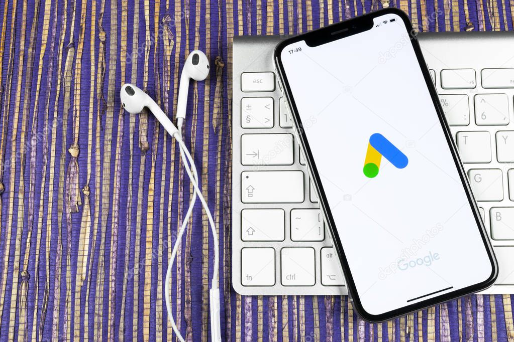 Sankt-Petersburg, Russia, February 10, 2019: Google Ads AdWords application icon on Apple iPhone X screen close-up. Google Ad Words icon. Google ads Adwords application. Social media network