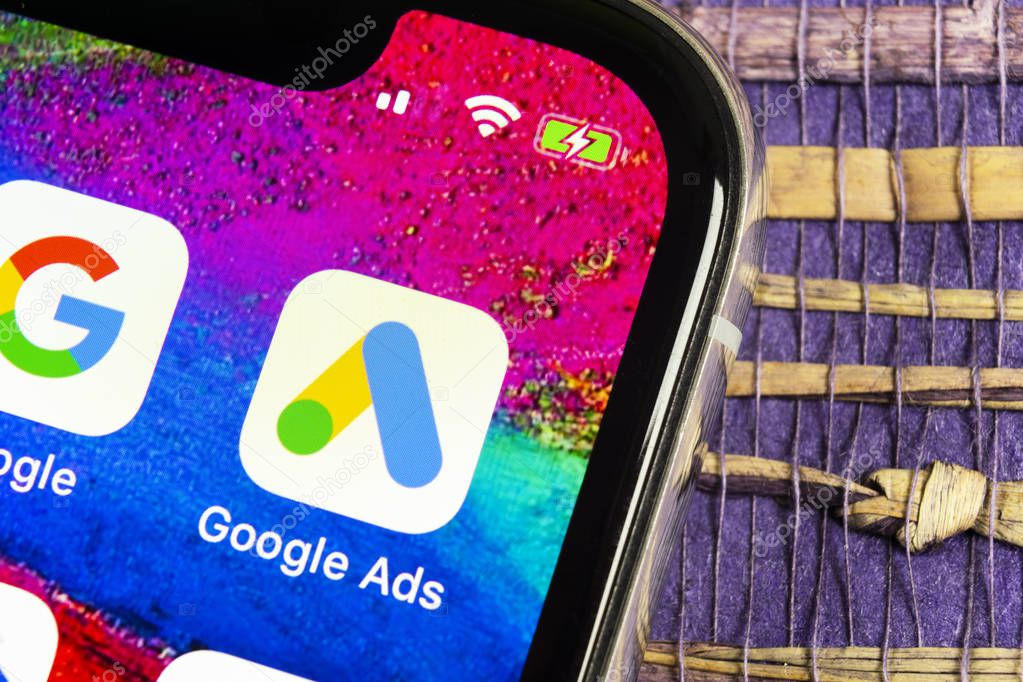 Sankt-Petersburg, Russia, February 17, 2019: Google Ads AdWords application icon on Apple iPhone X screen close-up. Google Ad Words icon. Google ads Adwords application. Social media network