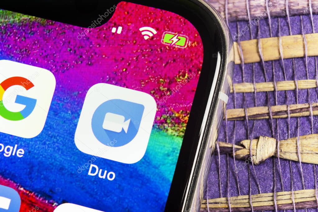 Sankt-Petersburg, Russia, February 17, 2019: Google Duo application icon on Apple iPhone X smartphone screen close-up. Google duo app icon. Social network. Social media icon