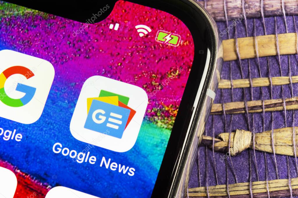 Sankt-Petersburg, Russia, February 17, 2019: Google News application icon on Apple iPhone X smartphone screen close-up. Google news app icon. Social network. Social media icon