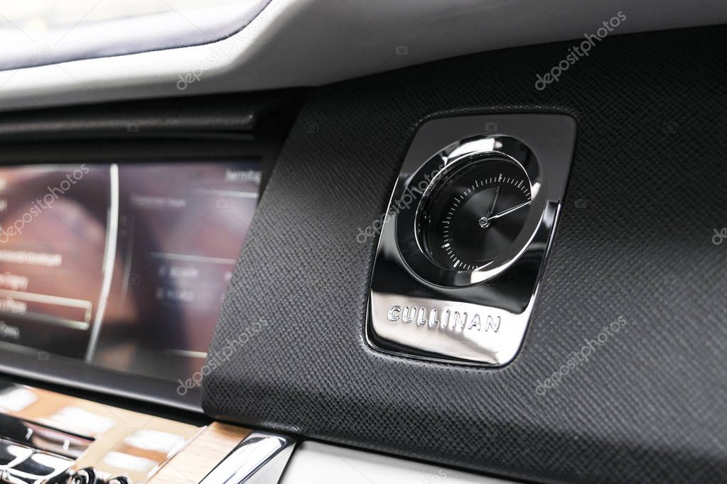 Monte-Carlo, Monaco, February 24, 2019: The new Rolls Royce Cullinan logo in black and white perforated leather interior. Rolls-Royce Cullinan luxury SUV.