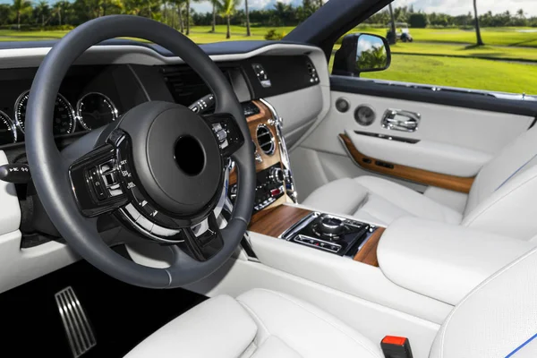 Intérieur moderne en cuir blanc de voiture de luxe avec panneau en bois naturel. Partie des détails du siège d'auto en cuir avec coutures. Intérieur de prestige voiture moderne. Cuir perforé blanc. Détails de la voiture. Voiture intérieure — Photo