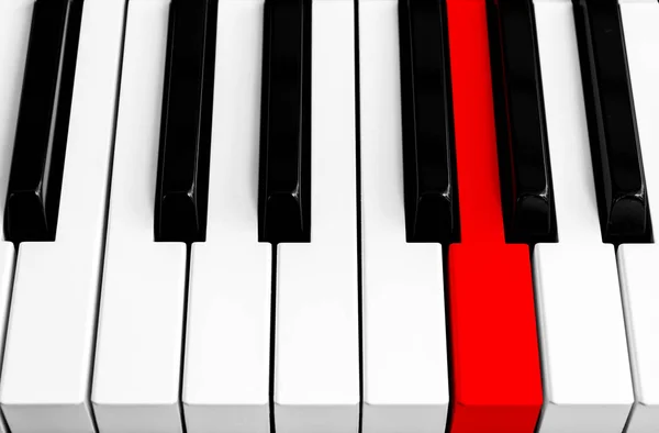 1 つの赤いボタンをピアノの鍵盤の平面図です。ピアノのキーをクローズ アップ。正面ビューを閉じます。選択と集中でピアノの鍵盤。斜めビュー。ピアノの鍵盤の視点. — ストック写真