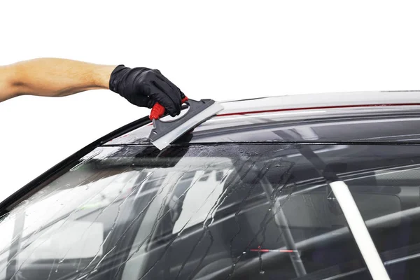 A man cleaning car with plastic sponge. Car detailing or valeting concept. Selective focus. Car detailing. Cleaning with sponge and cloth. Worker cleaning. Car wash concept solution to clean — Stock Photo, Image