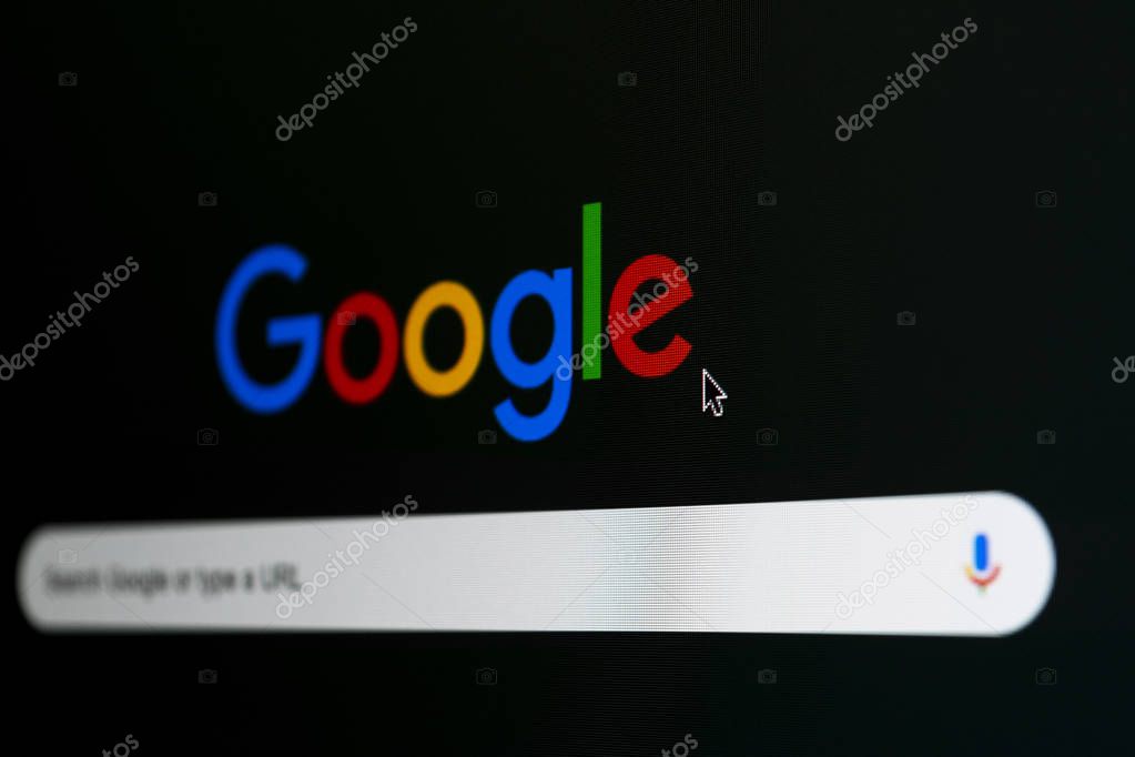 Helsinki, Finland, March 30, 2019: Google search homepage on the Apple iMac monitor screen close up. Google is world's most popular search engine. Social media icon. Google logo. Google icon