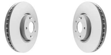 Beyaz arka plan üzerinde izole edilmiş iki Fren diski seti. Oto parçaları. Fren diski rotor beyaz izole. Araba kısmı. Araba detaylandırması. Yedek parça. Siyah beyaz