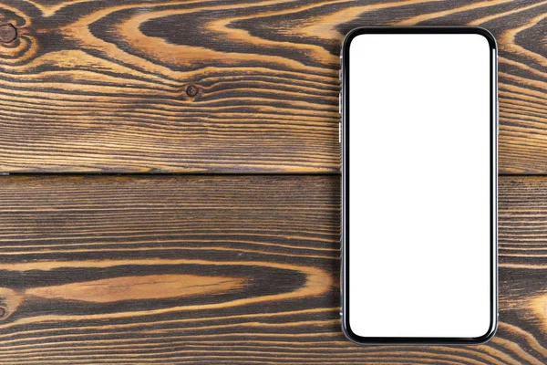Smartphone with blank screen mock up. Smartphone isolated screen with clipping path. Mobile phone white screen with copy space on office desk. Empty space for text. Isolated white screen — Stock Photo, Image
