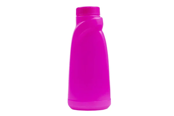 Botol merah muda plastik untuk agen pembersih deterjen terisolasi pada latar belakang putih. Botol Plastik merah muda diisolasi dengan jalur kliping. Ruang kosong bagi teks — Stok Foto
