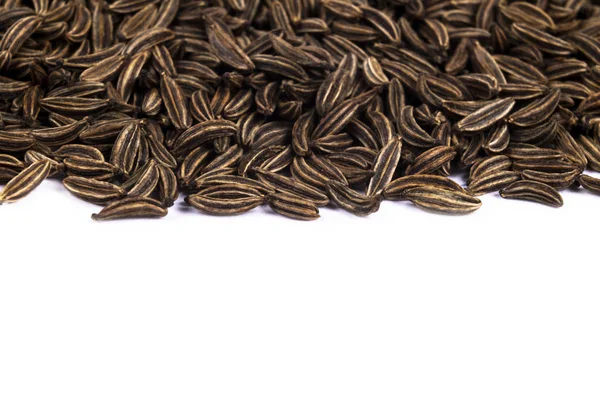 Macro shot of dried organic caraway seeds. Caraway seeds isolated on white background. Natural seasoning texture. Close up. — Stock Photo, Image