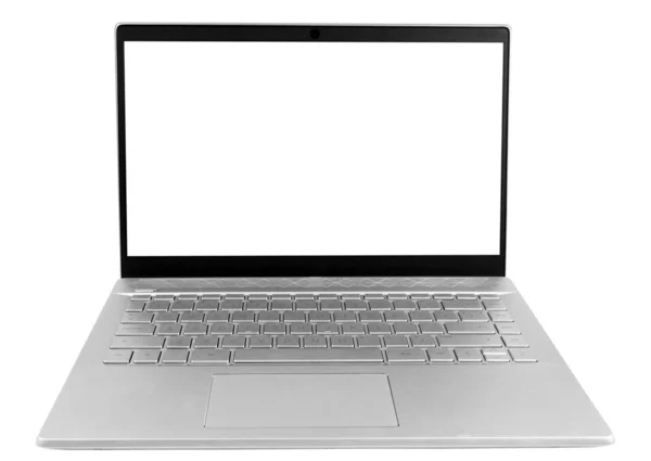 Computador portátil PC com tela em branco simular isolado no fundo branco. Tela isolada para laptop com caminho de clippin. Computador PC tela branca com espaço de cópia. Espaço vazio para texto . — Fotografia de Stock