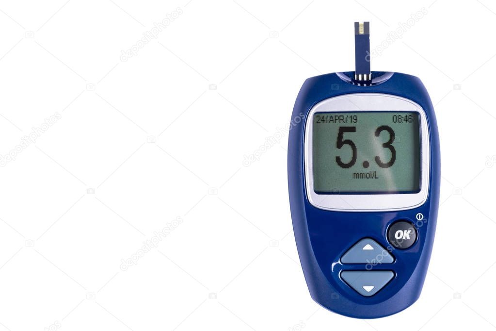 Blood sugar test isolated on white background. Copy space. Glucose meter with blood sugar level on display. Close-up. Medicine, diabetes, glycemia, health care concept. 