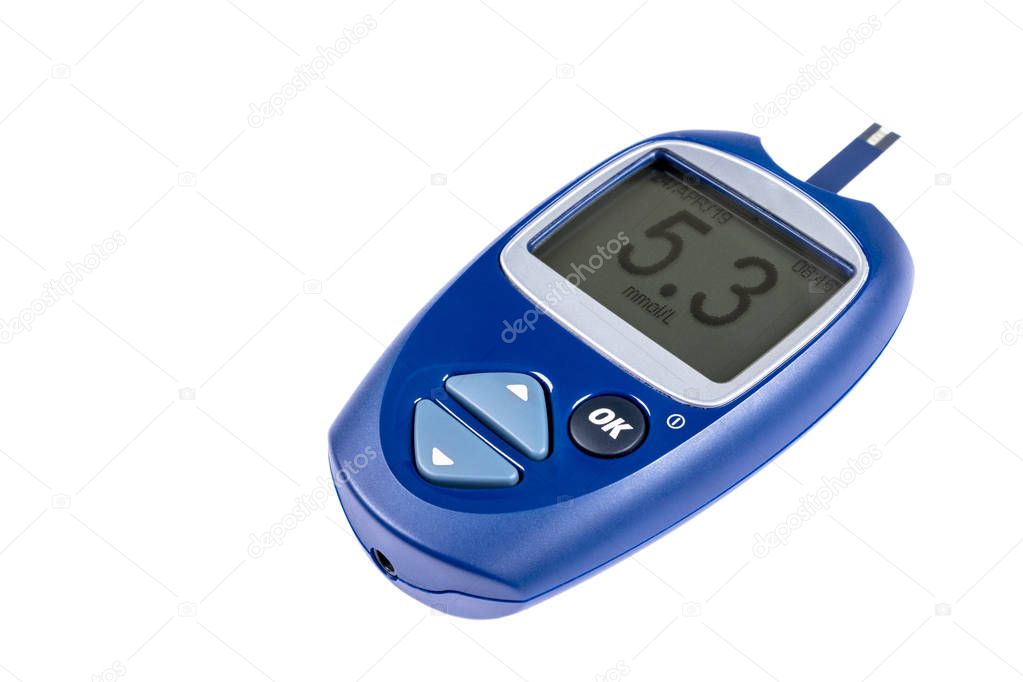 Blood sugar test isolated on white background. Copy space. Glucose meter with blood sugar level on display. Close-up. Medicine, diabetes, glycemia, health care concept. 