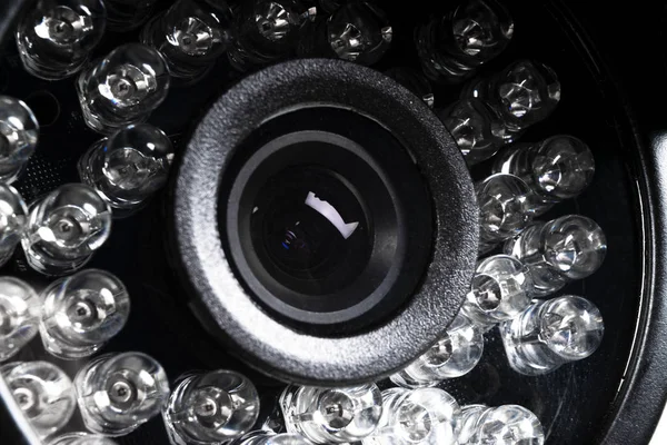 CCTV security camera video equipment. Surveillance monitoring. Video camera lens closeup. Macro shot. Security concept