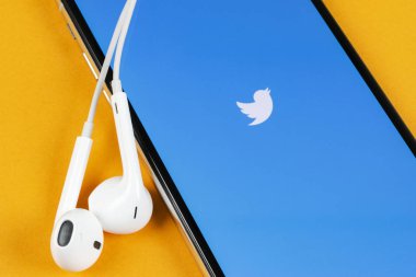 Apple iphone X akıllı telefon ekranında Twitter uygulama simgesi yakın çekim. Twitter uygulama simgesi. Sosyal medya simgesi. Sosyal ağ