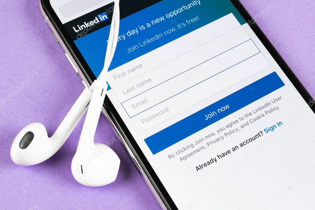 Helsinki, Finland, May 4, 2019: Linkedin homepage on Apple iPhone X screen close-up. Linkedin app icon. linkedin.com. Social media app. Social network