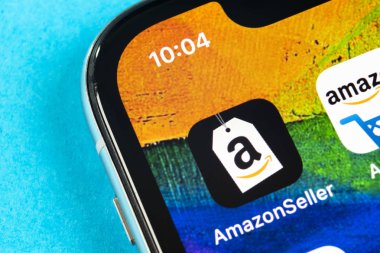 Amazon satıcı uygulama simgesi üzerinde Apple iphone X ekran yakın çekim. Amazonseller app simgesi. Amazon satıcı uygulama. Sosyal medya simge