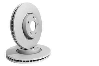 Beyaz arka planda izole edilmiş iki Araba Fren diski. Oto parçaları. Fren diski rotor beyaz izole. Fren diski. Araba kısmı. Araba detaylandırması. Yedek parça. Siyah beyaz