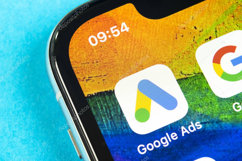 Helsinki, Finland, May 4, 2019: Google Ads AdWords application icon on Apple iPhone X screen close-up. Google Ad Words icon. Google ads Adwords application. Social media network