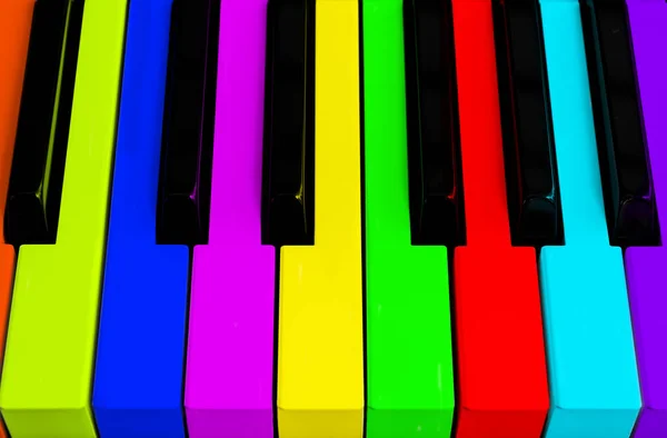 Top view of multicolored piano keys. Close-up of piano keys. Close frontal view. Piano keyboard with selective focus. Top view. Colorful Piano keyboard perspective with red button. Soft lighting — Stock Photo, Image